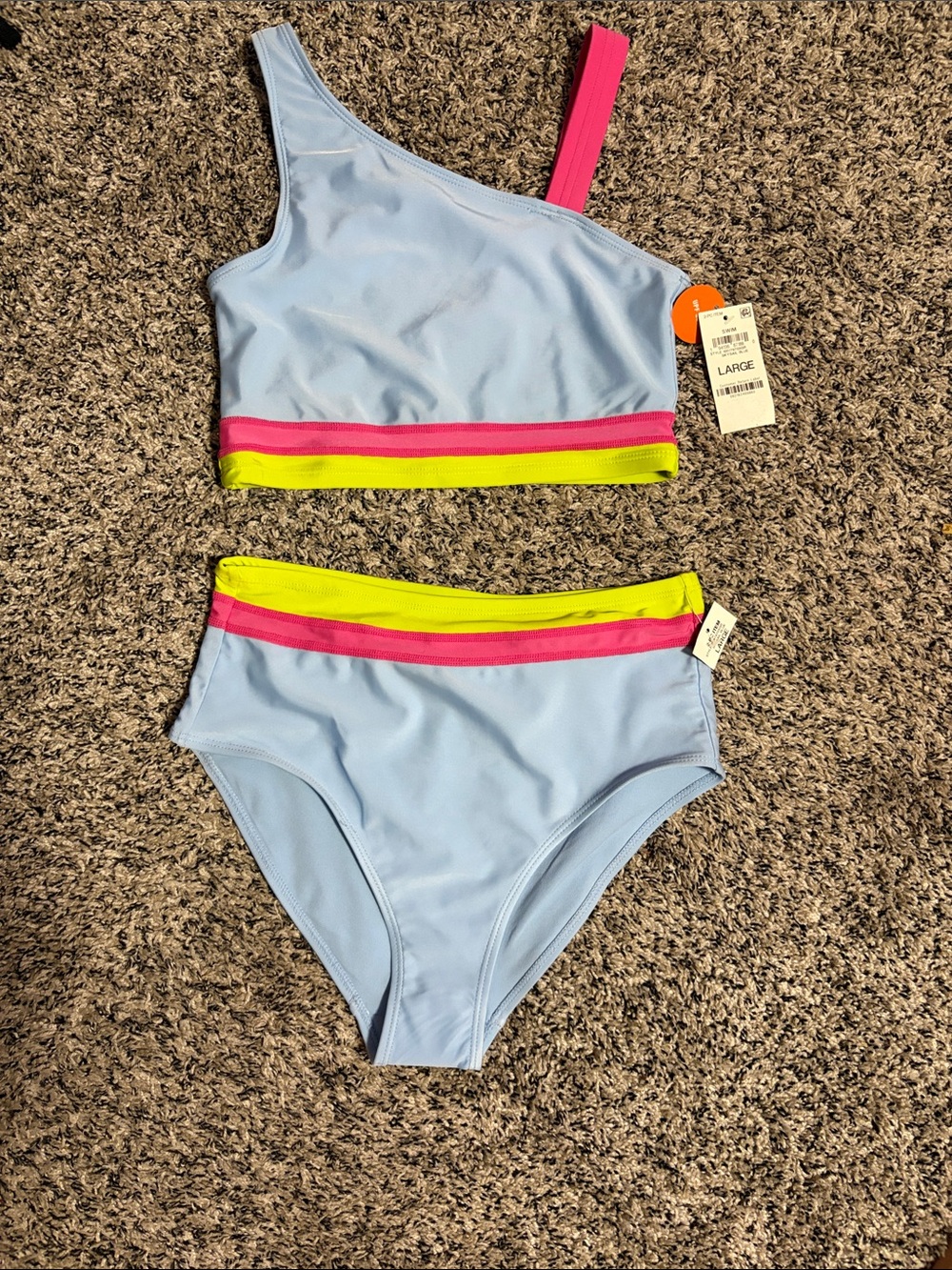 Kids Light Blue One-Piece Swimsuit with Pink & Neon Yellow Accents